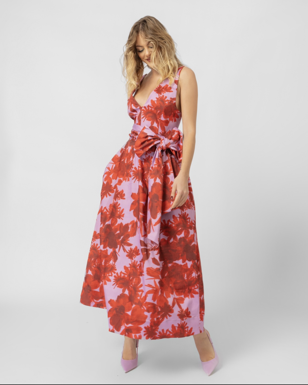 floral saten midi dress sourloulou